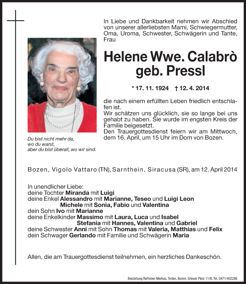  Traueranzeige für Helene Calabro vom 15.04.2014 aus Dolomiten