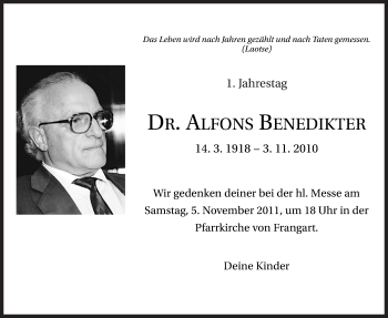 Traueranzeige von Alfons Benedikter von Dolomiten