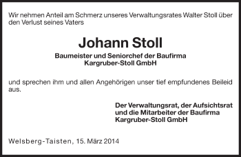 Traueranzeige von Johann Stoll von Dolomiten