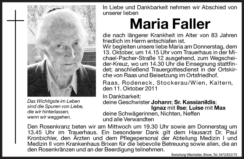  Traueranzeige für Maria Faller vom 12.10.2011 aus Dolomiten