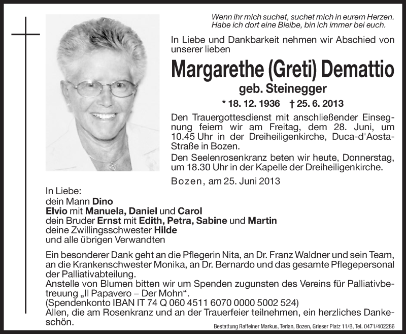  Traueranzeige für Margarethe (Greti) Demattio vom 27.06.2013 aus Dolomiten