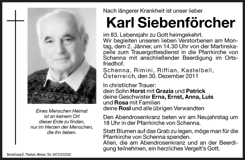  Traueranzeige für Karl Siebenförcher vom 31.12.2011 aus Dolomiten