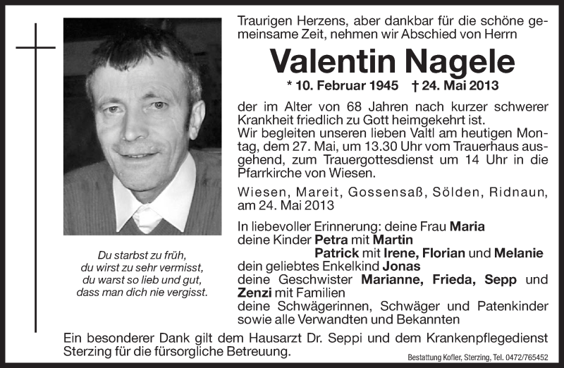  Traueranzeige für Valentin Nagele vom 27.05.2013 aus Dolomiten