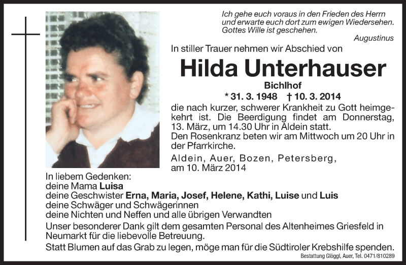  Traueranzeige für Hilda Unterhauser vom 12.03.2014 aus Dolomiten