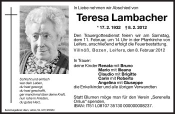Traueranzeige von Teresa Lambacher von Dolomiten