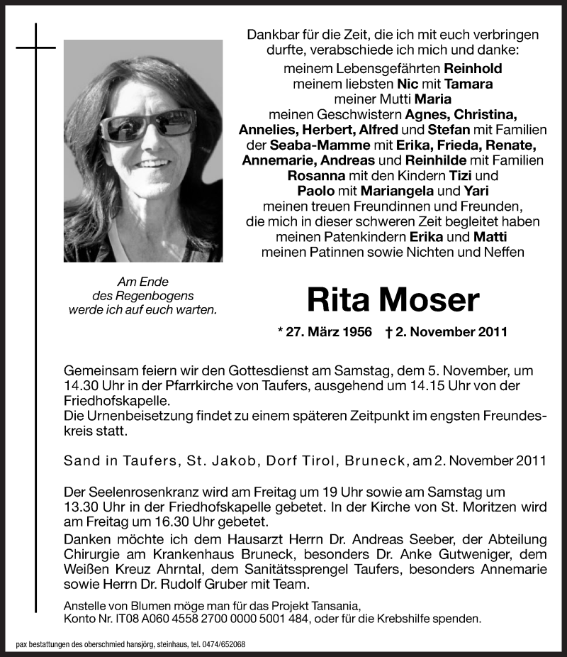  Traueranzeige für Rita Moser vom 11.04.2011 aus Dolomiten