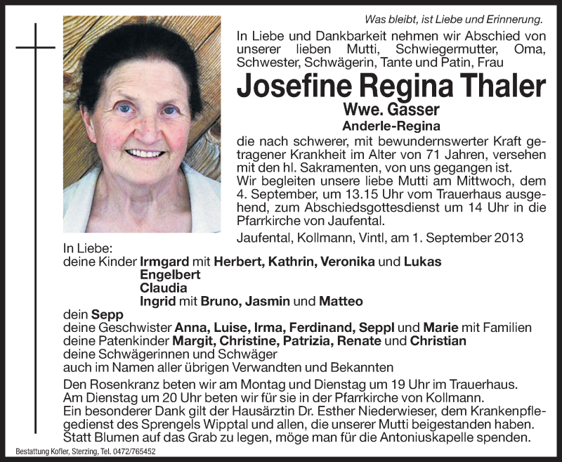  Traueranzeige für Josefine Regina Gasser vom 02.09.2013 aus Dolomiten