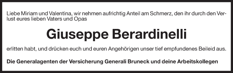  Traueranzeige für Giuseppe Berardinelli vom 04.02.2014 aus Dolomiten