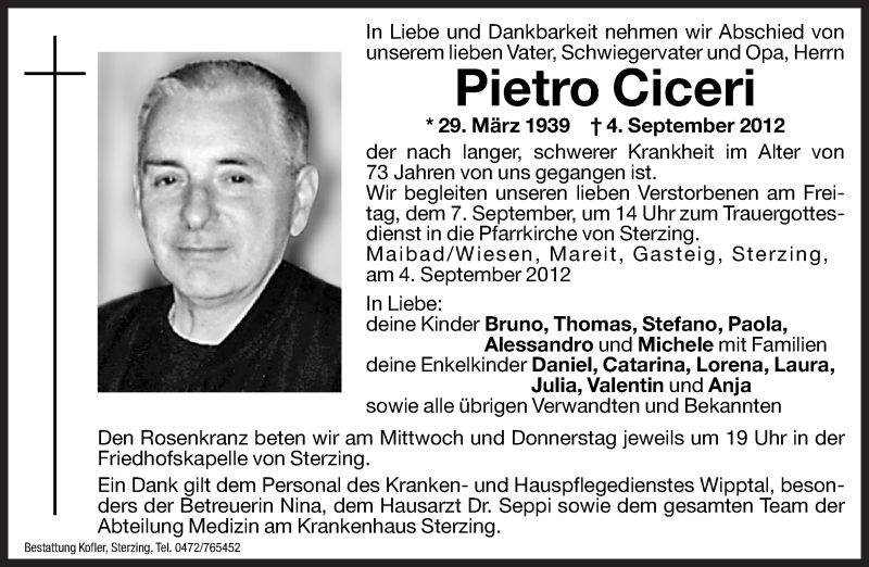  Traueranzeige für Pietro Ciceri vom 05.09.2012 aus Dolomiten