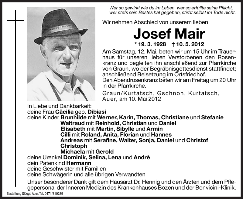  Traueranzeige für Josef Mair vom 11.05.2012 aus Dolomiten