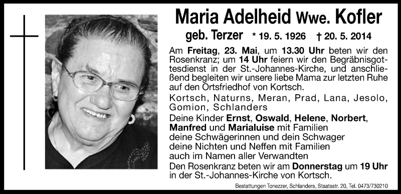  Traueranzeige für Maria Kofler vom 22.05.2014 aus Dolomiten