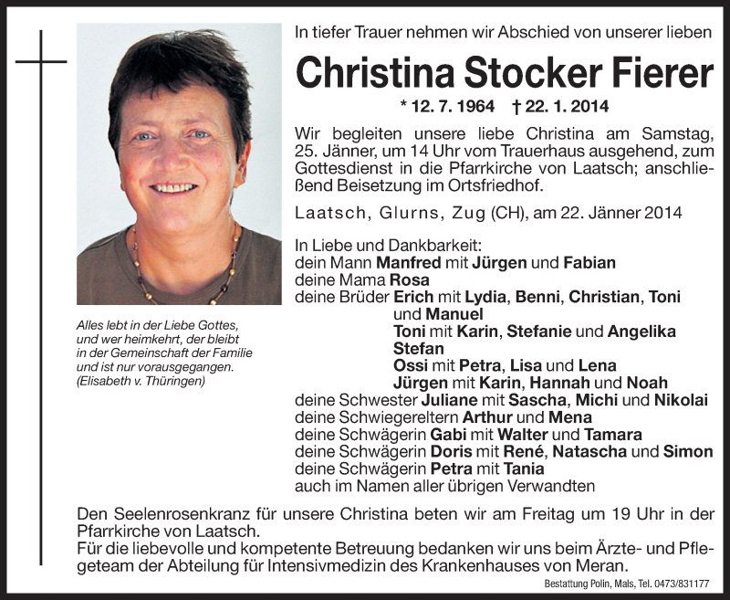  Traueranzeige für Christina Stocker Fierer vom 24.01.2014 aus Dolomiten