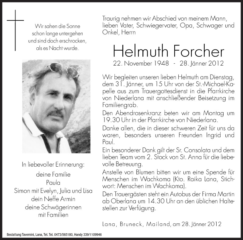  Traueranzeige für Helmuth Forcher vom 30.01.2012 aus Dolomiten