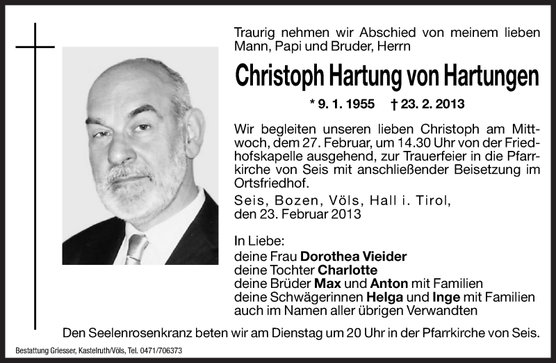  Traueranzeige für Christoph Hartung von Hartungen vom 25.02.2013 aus Dolomiten