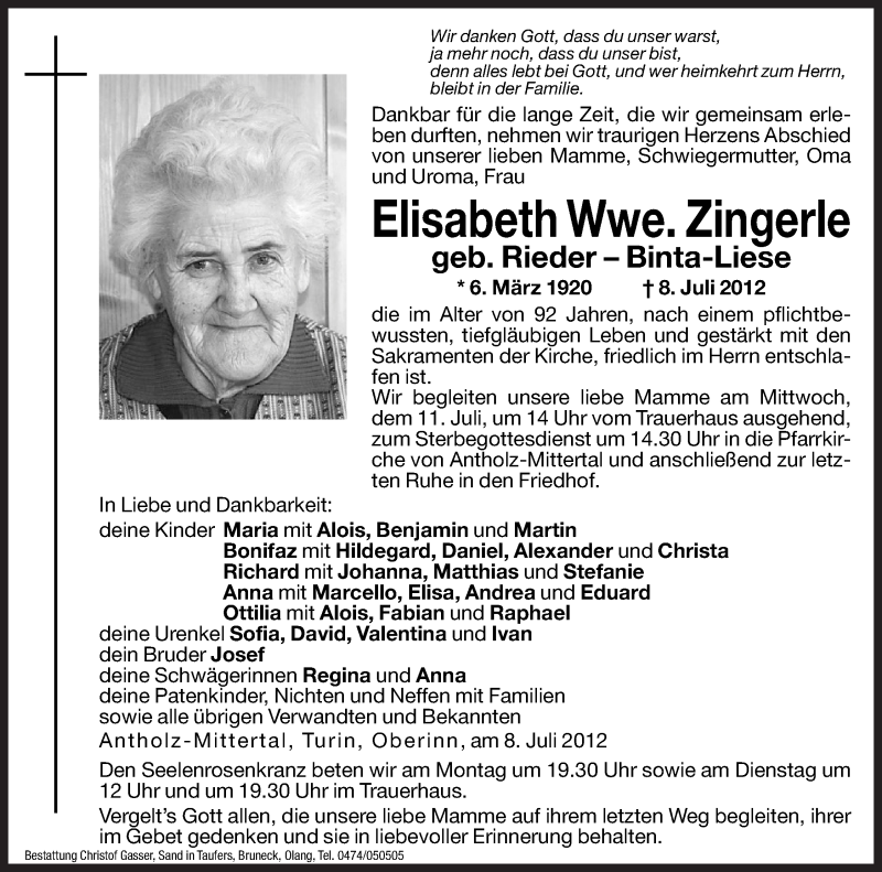  Traueranzeige für Elisabeth Zingerle vom 09.07.2012 aus Dolomiten