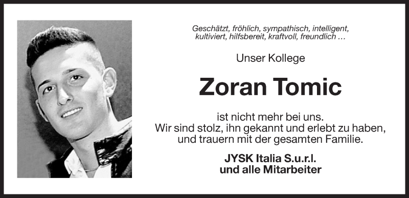  Traueranzeige für Zoran Tomic vom 22.03.2014 aus Dolomiten