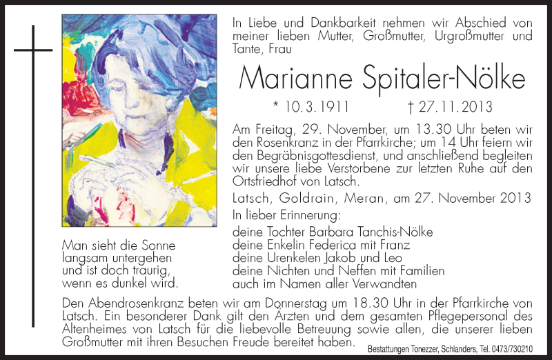  Traueranzeige für Marianne Spitaler-Nölke vom 28.11.2013 aus Dolomiten