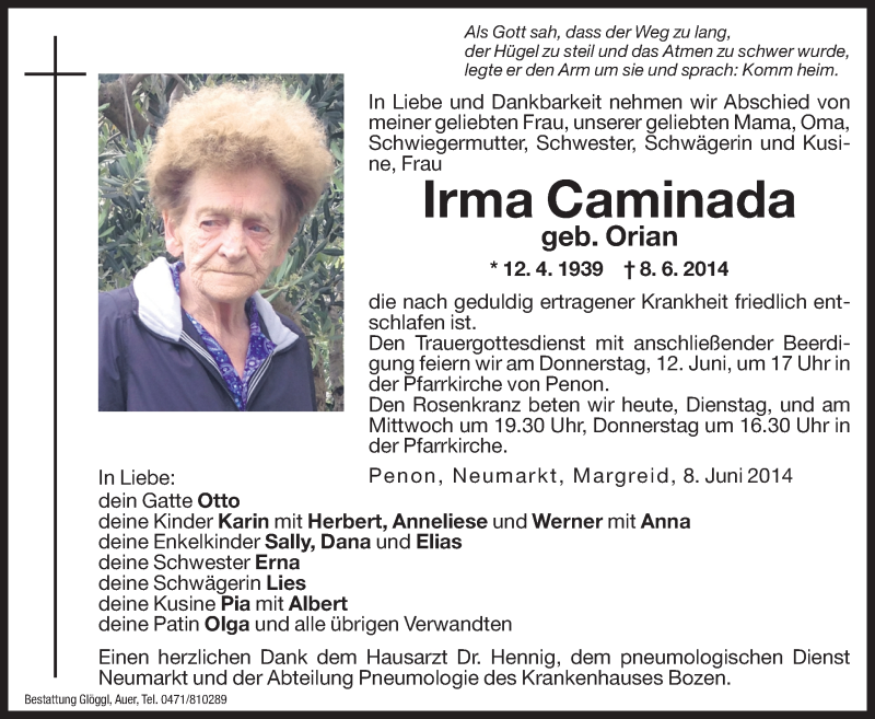  Traueranzeige für Irma Caminada vom 10.06.2014 aus Dolomiten