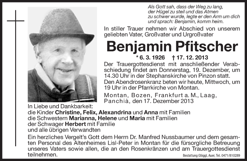  Traueranzeige für Benjamin Pfitscher vom 18.12.2013 aus Dolomiten