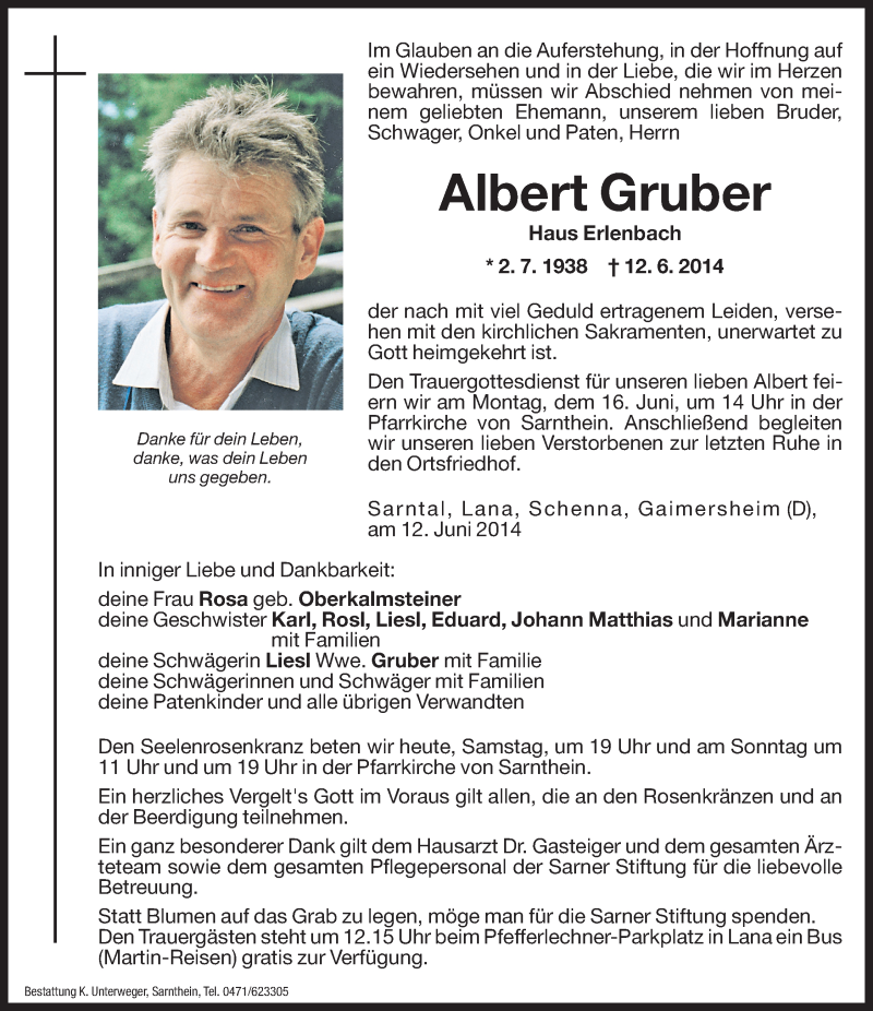  Traueranzeige für Albert Gruber vom 14.06.2014 aus Dolomiten