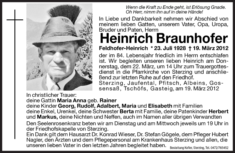  Traueranzeige für Heinrich Braunhofer vom 20.03.2012 aus Dolomiten