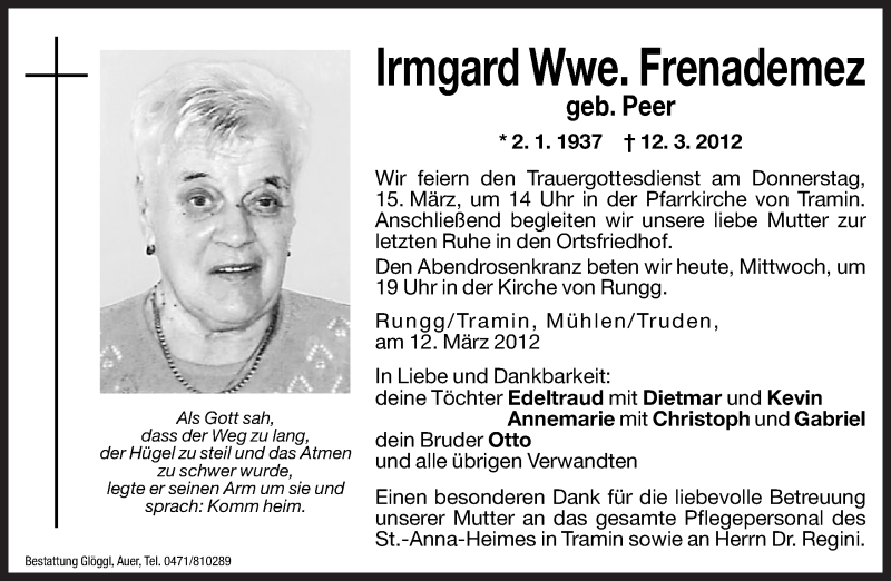  Traueranzeige für Irmgard Frenademez vom 14.03.2012 aus Dolomiten