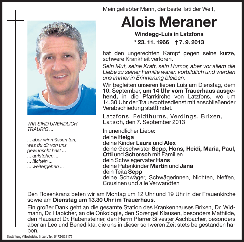  Traueranzeige für Alois Meraner vom 09.09.2013 aus Dolomiten