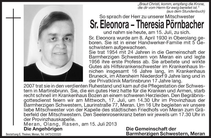  Traueranzeige für Eleonora-Theresia Pörnbacher vom 16.07.2013 aus Dolomiten