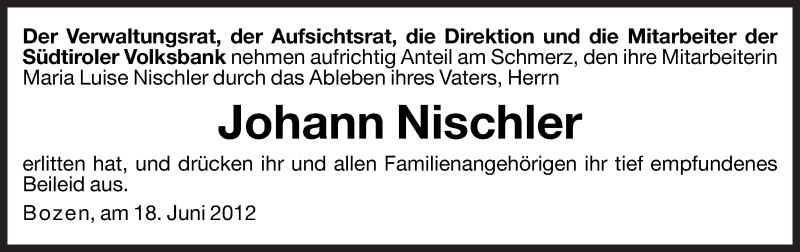  Traueranzeige für Johann Nischler vom 20.06.2012 aus Dolomiten