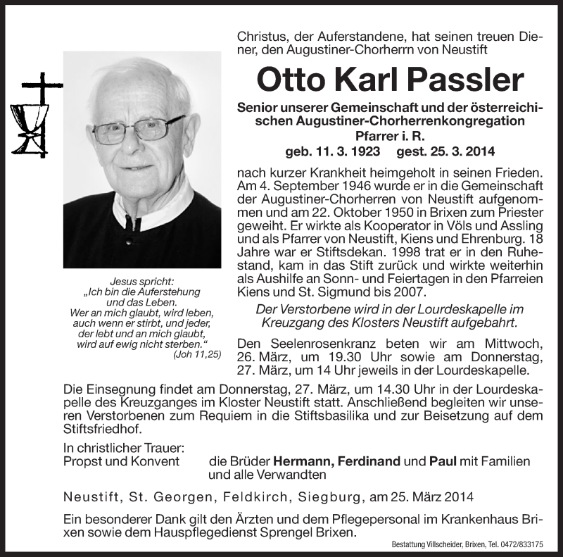  Traueranzeige für Otto Karl Passler vom 26.03.2014 aus Dolomiten