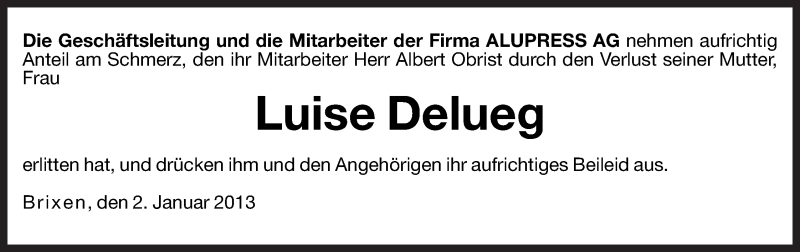  Traueranzeige für Luise Delueg vom 03.01.2013 aus Dolomiten