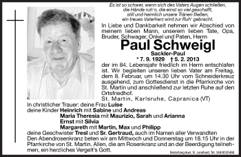 Traueranzeige von Paul Schweigl von Dolomiten