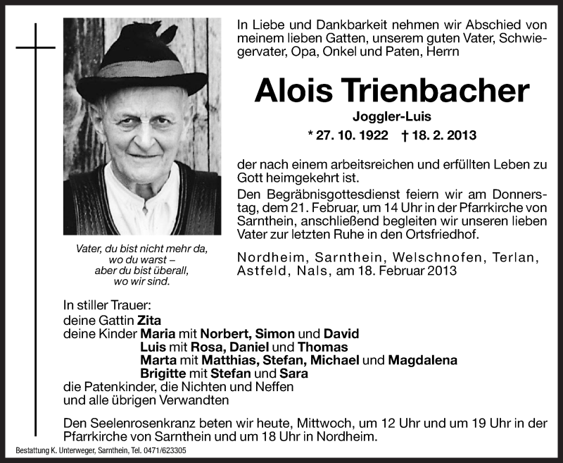  Traueranzeige für Alois Trienbacher vom 20.02.2013 aus Dolomiten