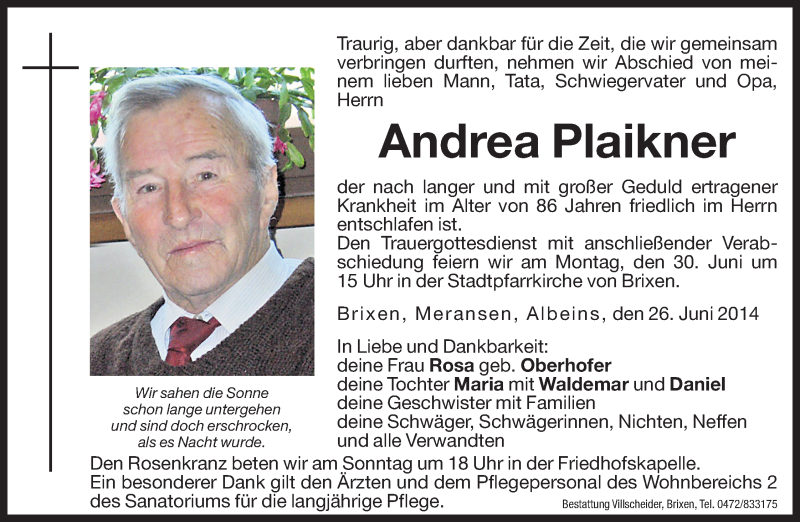  Traueranzeige für Andrea Plaikner vom 28.06.2014 aus Dolomiten