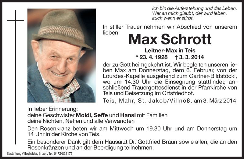  Traueranzeige für Max Schrott vom 05.03.2014 aus Dolomiten