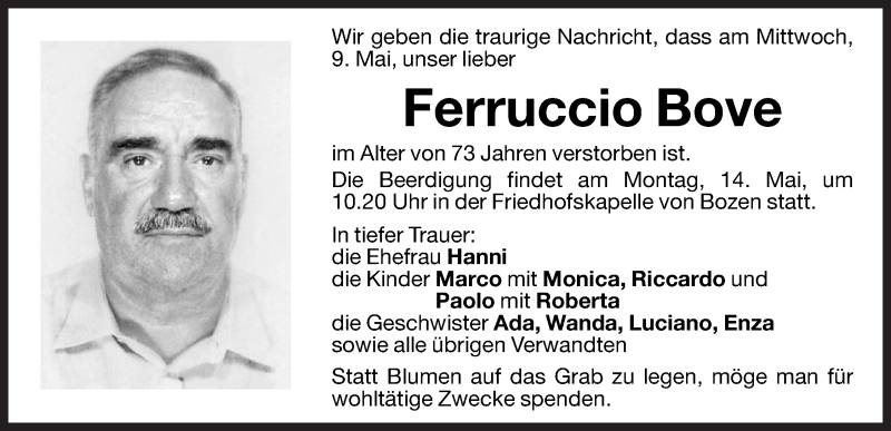  Traueranzeige für Ferruccio Bove vom 10.05.2012 aus Dolomiten