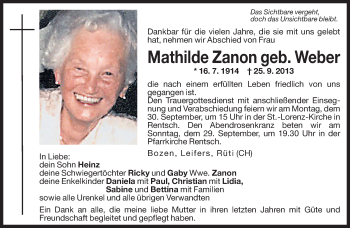 Traueranzeige von Mathilde Zanon von Dolomiten