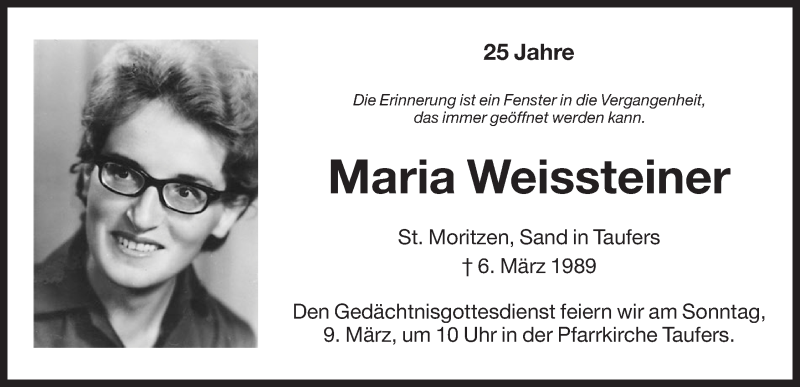  Traueranzeige für Maria Weissteiner vom 08.03.2014 aus Dolomiten