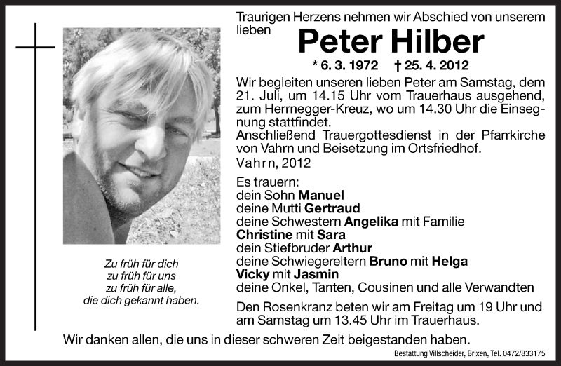  Traueranzeige für Peter Hilber vom 20.07.2012 aus Dolomiten