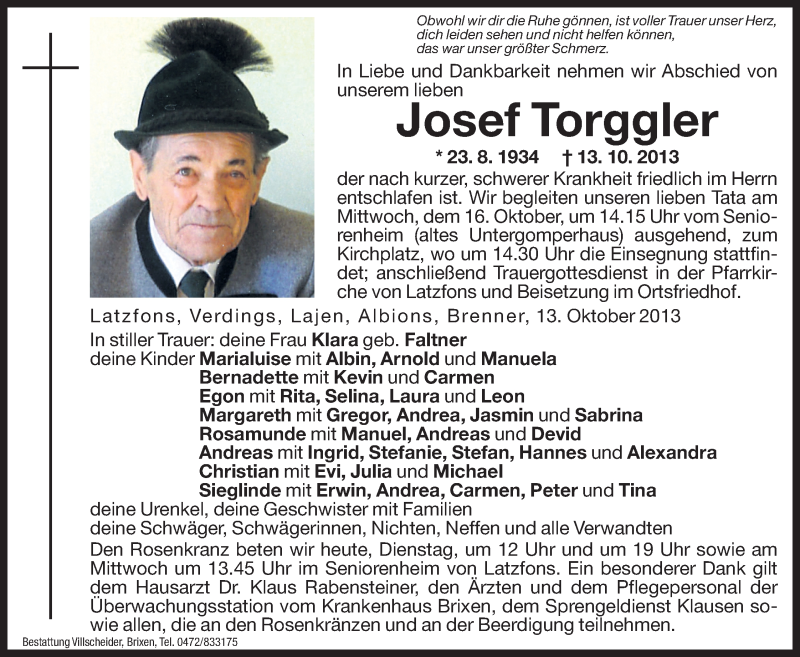  Traueranzeige für Josef Torggler vom 15.10.2013 aus Dolomiten