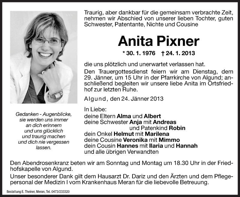  Traueranzeige für Anita Pixner vom 26.01.2013 aus Dolomiten