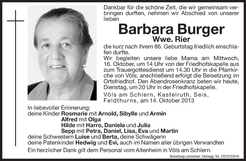  Traueranzeige für Barbara Rier vom 15.10.2013 aus Dolomiten