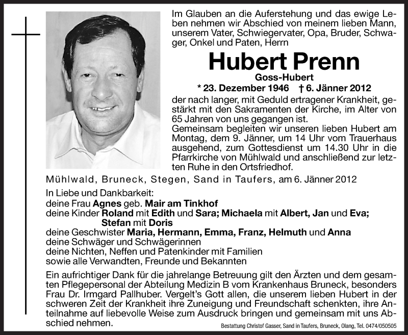  Traueranzeige für Hubert Prenn vom 07.01.2012 aus Dolomiten