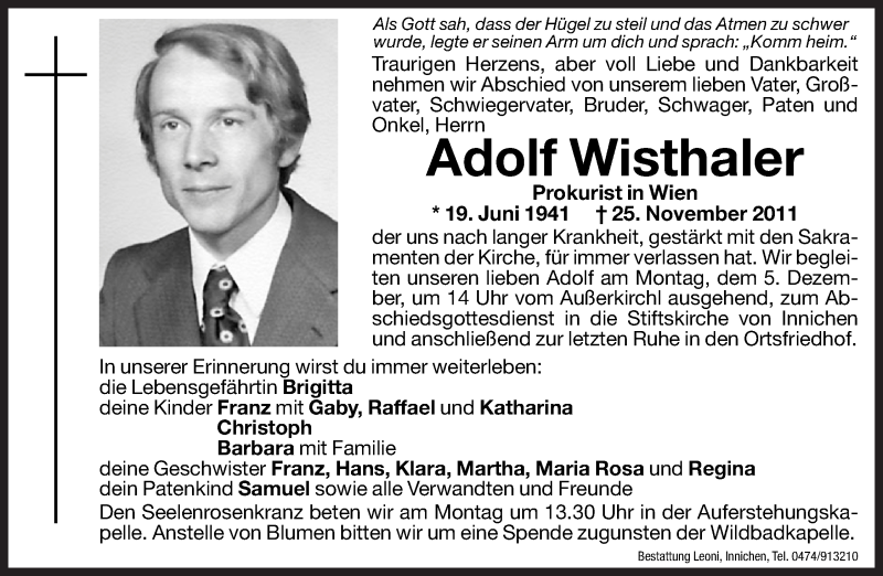  Traueranzeige für Adolf Wisthaler vom 05.12.2011 aus Dolomiten