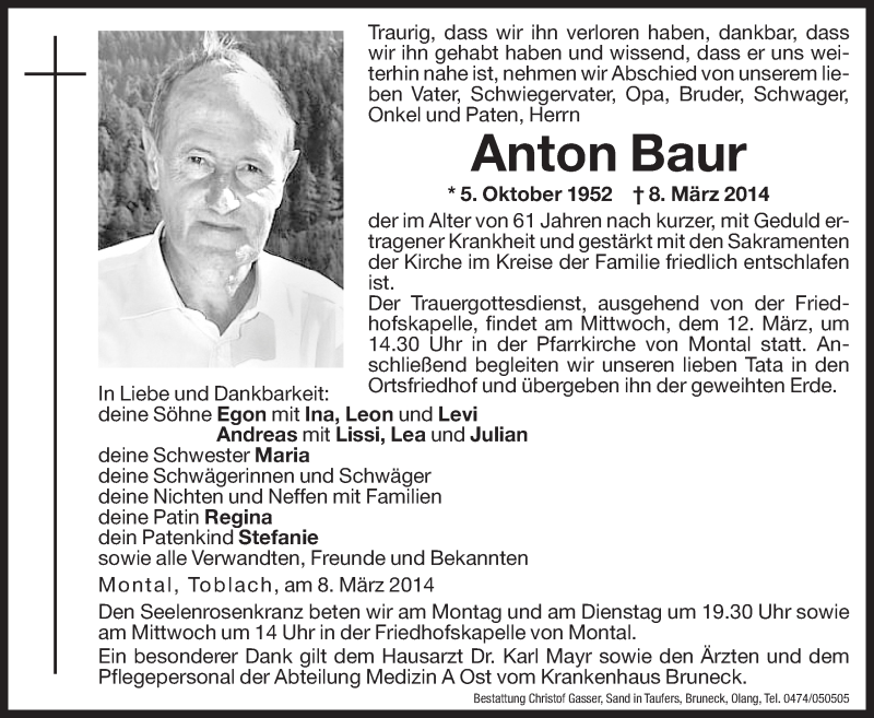  Traueranzeige für Anton Baur vom 10.03.2014 aus Dolomiten