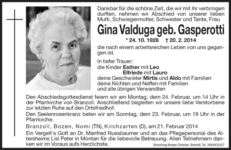  Traueranzeige für Gina Valduga vom 22.02.2014 aus Dolomiten