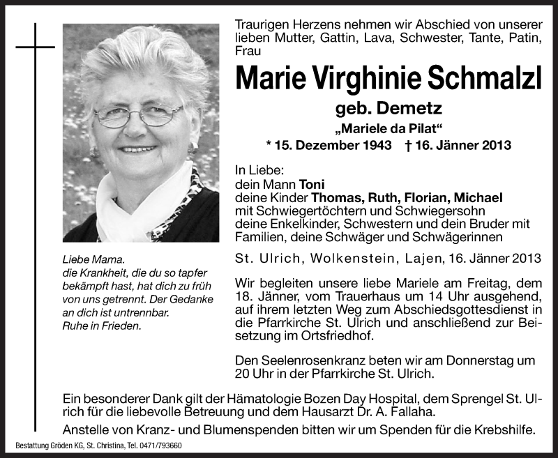  Traueranzeige für Marie Virghinie Schmalzl vom 17.01.2013 aus Dolomiten