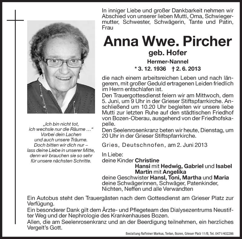  Traueranzeige für Anna Pircher vom 04.06.2013 aus Dolomiten