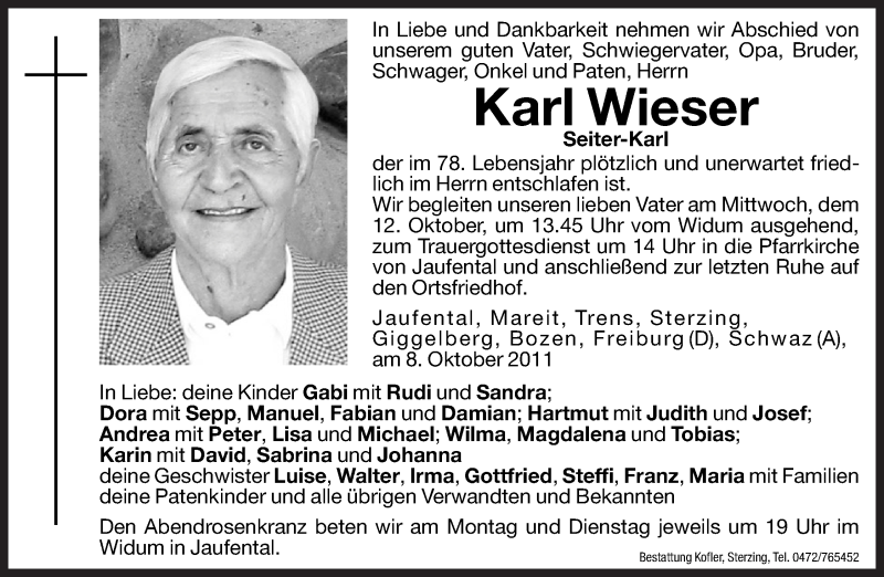  Traueranzeige für Karl Wieser vom 10.10.2011 aus Dolomiten