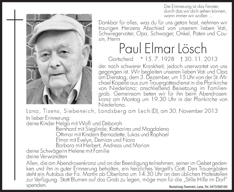  Traueranzeige für Paul Elmar Lösch vom 02.12.2013 aus Dolomiten